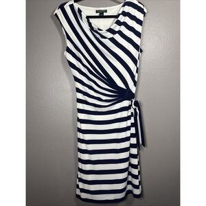 Lauren Ralph Lauren Women's Navy Cream Striped Faux Wrap Sleeveless Dress 14